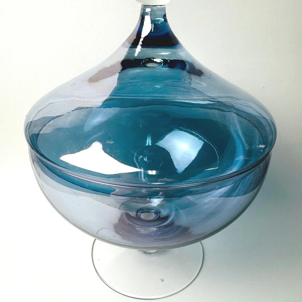 Vintage Empoli Style Blue Blown Glass Covered Compote Pedestal Candy Dish MCM